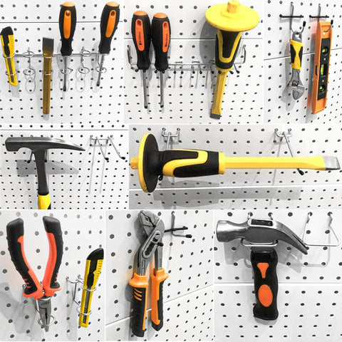 Assorted tools including screwdrivers, pliers, and hammers on a pegboard display; not related to ☦️ 278-Pack Utility Cart Steel Frame product.