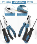 148-Piece Home Tool Kit With Case And Ratcheting Screwdriver, Pliers, Wrench featuring three tools with rubber grips on white surface