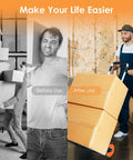Comparison of before and after using Dolly Cart, 309 lb Aluminum Folding Hand Truck with Swivel Handle for moving boxes.
