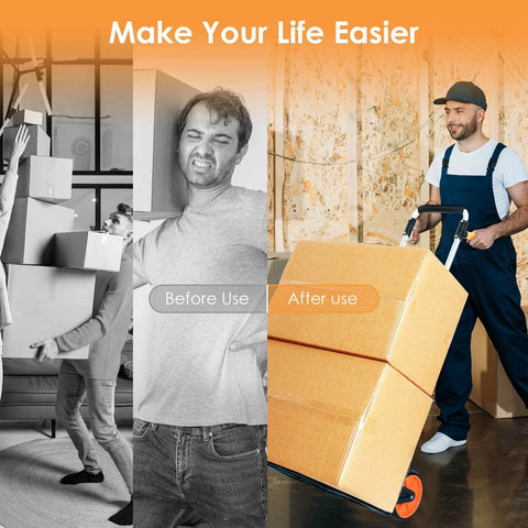 Comparison of before and after using Dolly Cart, 309 lb Aluminum Folding Hand Truck with Swivel Handle for moving boxes.