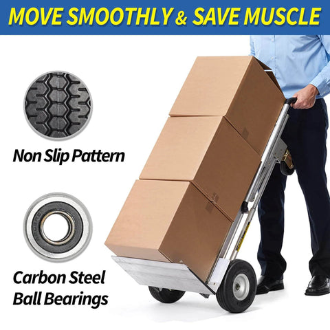 Hand truck with 8-inch flat-free tire, 2.50-4 solid tire, 5/8" bearings, 2.2" offset hub, carrying boxes for smooth motion, garden use