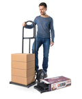 Man using Hand Truck Helper And Mini Storage Pallet For Dollies Keeps Back Safe While Handling Heavy Loads Holds 800 Plus Lbs 18 Inch By 10 Inch By 1.5 Inch 1 Pack Waterproof Storage Pallet Protects Stored Items From Water Damage Insects And Debris with cardboard boxes