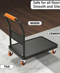 Platform cart with orange handle and caster wheels, shown on wood, cement, and tile surfaces