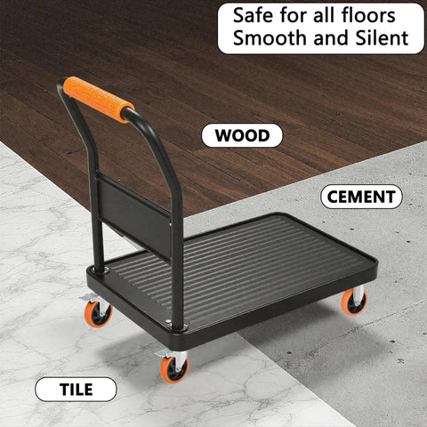 Platform cart with orange handle and caster wheels, shown on wood, cement, and tile surfaces