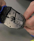 Hands using Crimp Right Weather Tight Connector Crimping Kit Ferrule Crimper Plier Wire Stripper for wiring projects and repairs.
