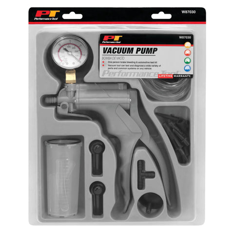 Performance Tool hand vacuum pump for brake bleeding kit in packaging with gauge, hoses, and accessories for automotive diagnostics.