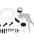 Hand vacuum pump for brake bleeding kit with accessories for automotive diagnostics.