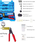 Hand Held Vacuum Pump Tester Kit for Automotive Testing with case, cushioned grip, adapters, gauge, and brake bleeder components displayed.