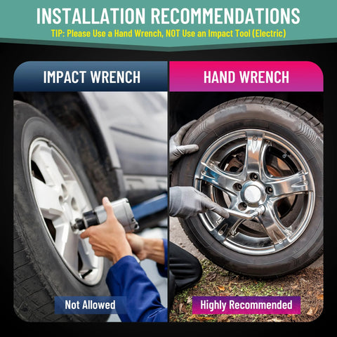 Diagram showing installation recommendation for M14x1.5 European Lug Bolts with hand wrench preferred over impact wrench use.