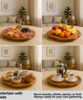Handmade Premium Fir Wood Lazy Susan Turntable Organizer with rustic serving platter displayed with cheese, fruit, spices, and coffee set.