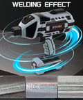 Portable 110V ARC Stick Welder With IGBT Inverter shown on table with welding effect graphics, handheld design for DIY metalworking.