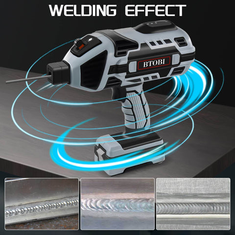 Portable 110V ARC Stick Welder With IGBT Inverter shown on table with welding effect graphics, handheld design for DIY metalworking.