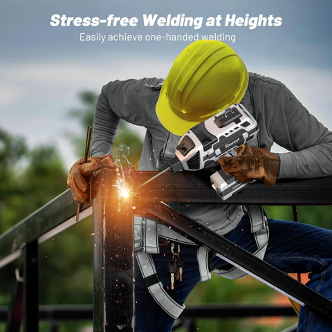 Portable 110V Arc Welder With Auto Darkening Goggles used for stress-free welding at heights, showing a worker in safety gear.