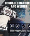 Portable 110V Handheld Welder With IGBT Inverter in use, showcasing welding arc, includes 20-150A range and five variable settings