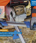 Person using the 2 In 1 Chainsaw Sharpener and Depth Gauge for Three Eighths Low Profile Chains with a Five Thirty-Second Inch File, by PFERD CS X 17300.