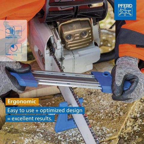 Person using the 2 In 1 Chainsaw Sharpener and Depth Gauge for Three Eighths Low Profile Chains with a Five Thirty-Second Inch File, by PFERD CS X 17300.