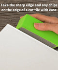 Hand using diamond polishing pad on tile edge for smoothing, featuring Diamond Polishing Pads 60 120 200 400 Grits For Wood Tile Glass Sanding Blocks.