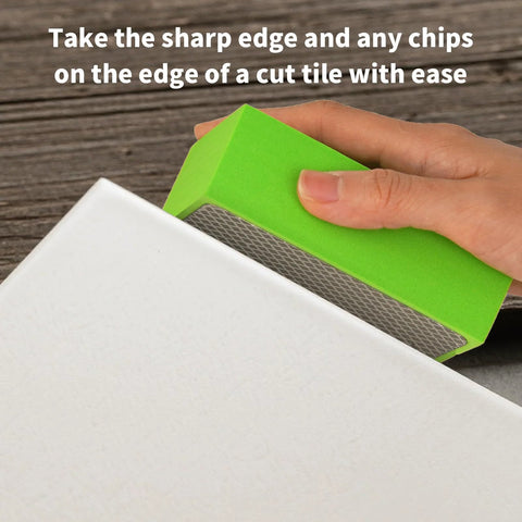 Hand using diamond polishing pad on tile edge for smoothing, featuring Diamond Polishing Pads 60 120 200 400 Grits For Wood Tile Glass Sanding Blocks.