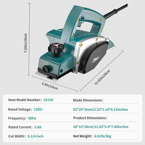 Effortless stock removal and precise edge chamfering from a 3.8 Amp handheld planer with 3-1/4 inch blade and depth adjustment.