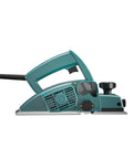 Effortless stock removal and precise edge chamfering from a 3.8 Amp handheld planer, 0-1 mm depth adjustment, 16,000 RPM, side view.