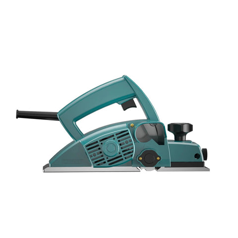 Effortless stock removal and precise edge chamfering from a 3.8 Amp handheld planer, 0-1 mm depth adjustment, 16,000 RPM, side view.