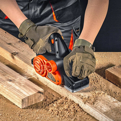 Person using powerful 710W handheld planer for 16500 RPM wood smoothing, chamfering, flush joints on wooden plank.