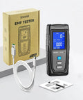 EMF Meter, Detects Electric and Magnetic Fields, Handheld Digital EMF Detector with LCD Display, box, USB cable, and manual