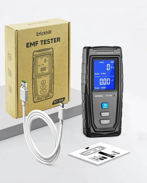 EMF Meter, Detects Electric and Magnetic Fields, Handheld Digital EMF Detector with LCD Display, box, USB cable, and manual