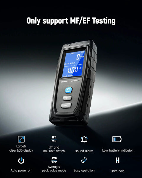 Handheld EMF Meter with LCD Display, detects electric and magnetic fields, sound-light alarm, rechargeable for home and office use.
