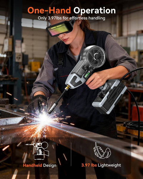 Person operating 2 In 1 Handheld MIG And Stick Welder For Home DIY And Farm Repair PLOWIC 250A Portable 110V in workshop