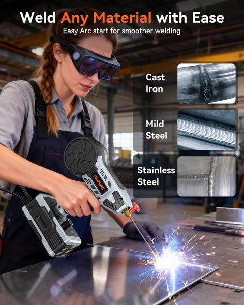 Person using 2 In 1 Handheld MIG And Stick Welder For Home DIY And Farm Repair PLOWIC 250A Portable 110V on steel surface