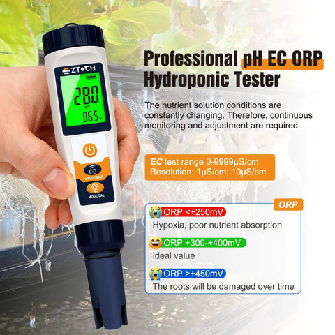 Hydrogen Water Tester All In One Meter for pH H2 ORP TDS EC Temp with professional display in use for hydroponic systems.