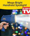Person holding As Seen On TV Mega Bright Rechargeable Spotlight with 10 modes and turbo boost up to 100 percent, lit in the dark.