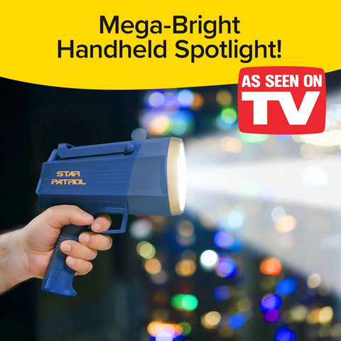 Person holding As Seen On TV Mega Bright Rechargeable Spotlight with 10 modes and turbo boost up to 100 percent, lit in the dark.
