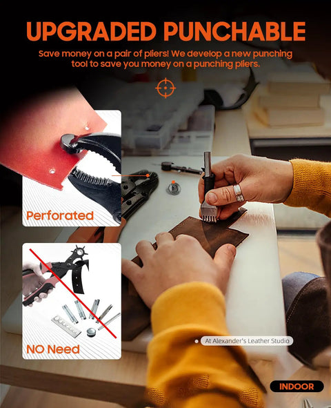 Person using the Heavy Duty Snap Fastener Tool Kit With 100 Snap Sets In Four Colors for fabric repair at a workbench.