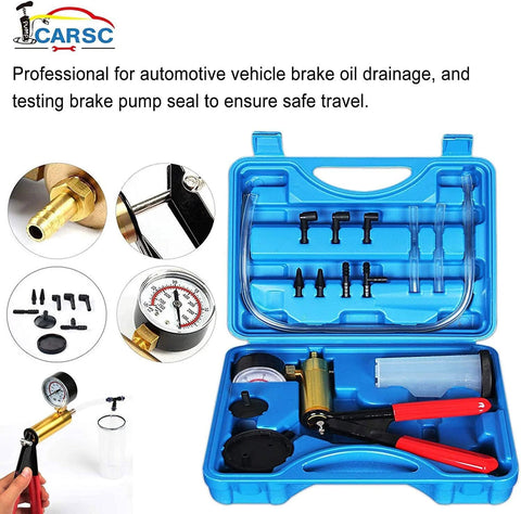 Hand Held Vacuum Pump Tester Kit For Automotive Testing Vacuum Gauges And Brake Bleeder With Pro Grade Adapters And Case Blue