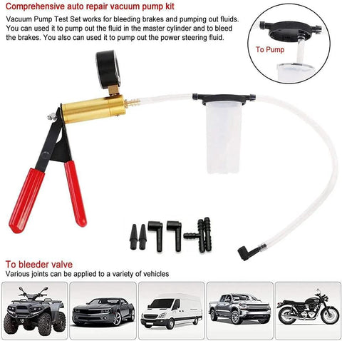 Hand Held Vacuum Pump Tester Kit For Automotive Testing Vacuum Gauges And Brake Bleeder with adapters and gauge displayed