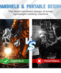 Image comparing portable handheld welder inverter 110V with IGBT tech beast mode adjustable 20 to 120 amp arc and traditional welding machine