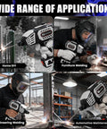 Welding demonstration using Portable 110V Handheld Welder With IGBT Inverter, various applications shown.