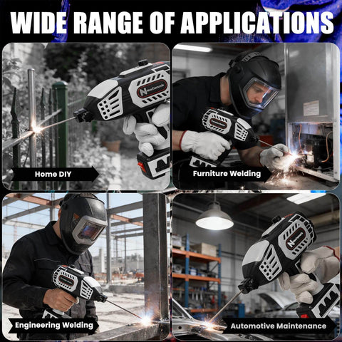 Welding demonstration using Portable 110V Handheld Welder With IGBT Inverter, various applications shown.