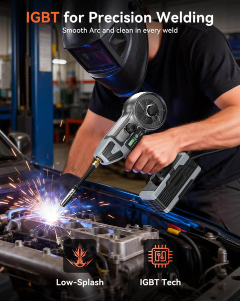 Person welding car engine with 2 In 1 Handheld MIG And Stick Welder For Home DIY And Farm Repair PLOWIC 250A Portable 110V Gasless Flux Core