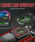 Large LED display on upgraded handheld welder showing 20-120 amp output, precise control for portable IGBT inverter stick welder 110V.