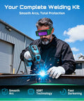 Man using Portable 110V 120A Welder Go-To For Home DIY And Auto Repair Handheld Welding Machine with goggles outdoors