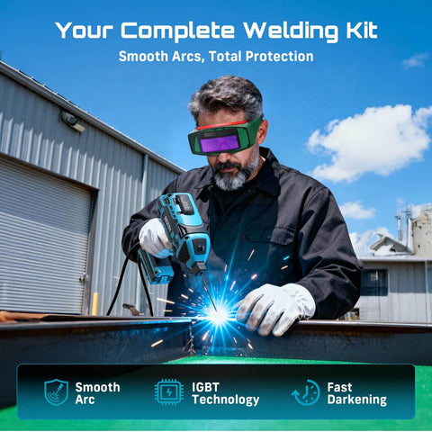 Man using Portable 110V 120A Welder Go-To For Home DIY And Auto Repair Handheld Welding Machine with goggles outdoors