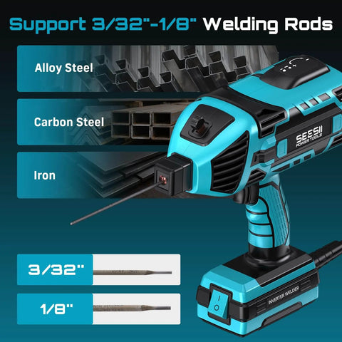 Portable 110V 120A Welder Go-To For Home DIY And Auto Repair Handheld Welding Machine with rods and material types shown
