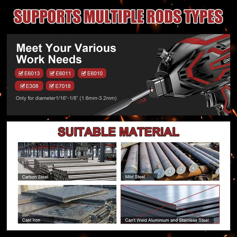 Upgraded Handheld Welder With LED Display supporting multiple rod types and materials, includes weld examples and materials like carbon steel.