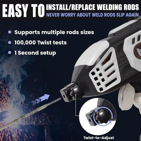 Portable 110V Handheld Welder With IGBT Inverter showing easy rod installation and twist-to-adjust feature in close-up