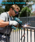 Man using Portable 110V 120A Welder Go-To For Home DIY And Auto Repair Handheld Welding Machine With Goggles outdoors on metal fence