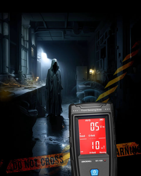 EMF Meter, Detects Electric and Magnetic Fields with LCD Display, Sound-Light Alarm in eerie room with caution tape and shadowy figure.