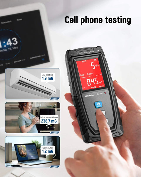 Handheld EMF Meter, Detects Electric and Magnetic Fields, measuring levels on LCD with Sound-Light Alarm, checking cell phone.